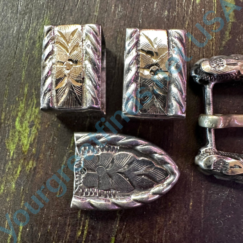 C. 1950S Mexican Ranger Buckle 4 Pc Set Sterling Gold Belt Buckles