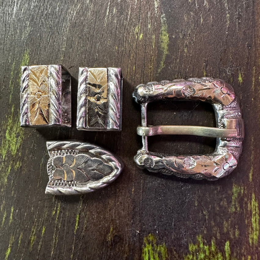 C. 1950S Mexican Ranger Buckle 4 Pc Set Sterling Gold Belt Buckles