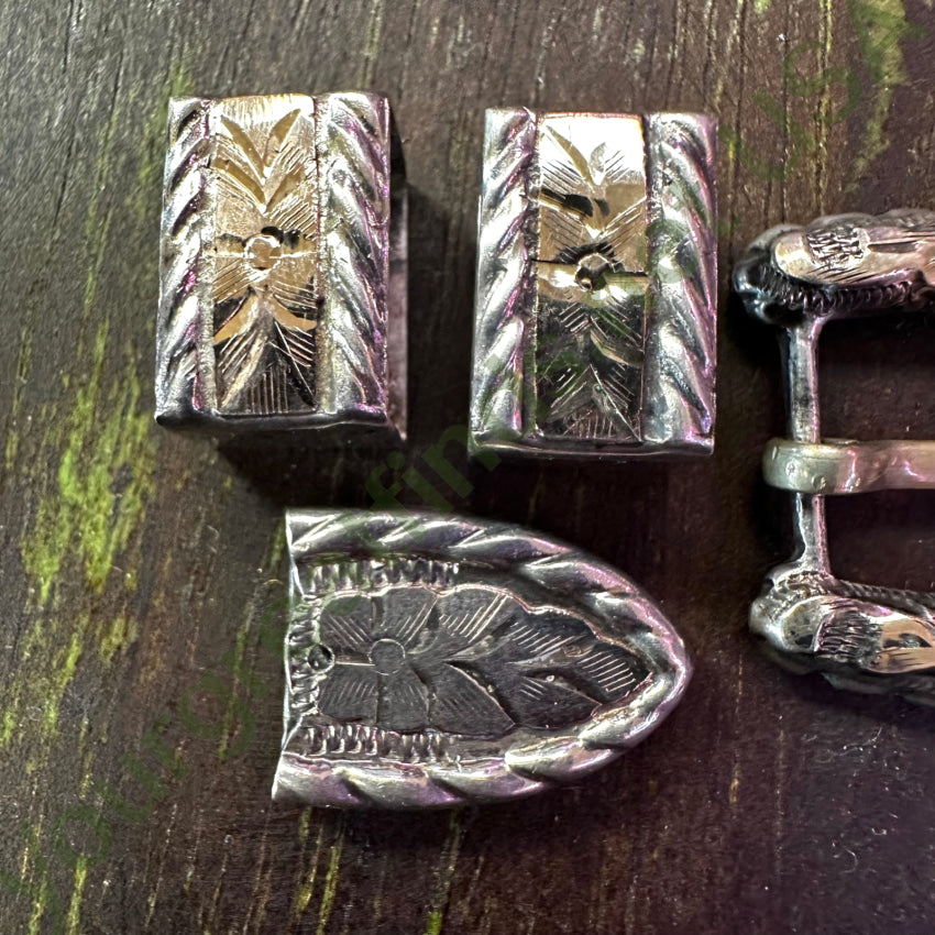 C. 1950S Mexican Ranger Buckle 4 Pc Set Sterling Gold Belt Buckles