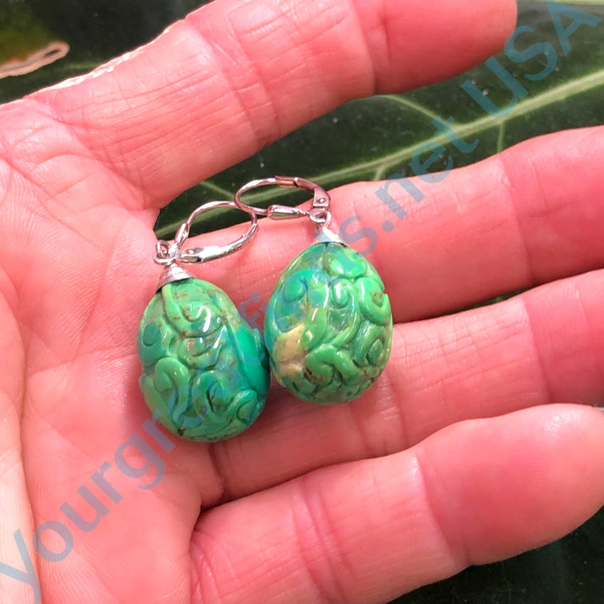 Carved Green Turquoise & Sterling Silver Pierced Earrings Earrings