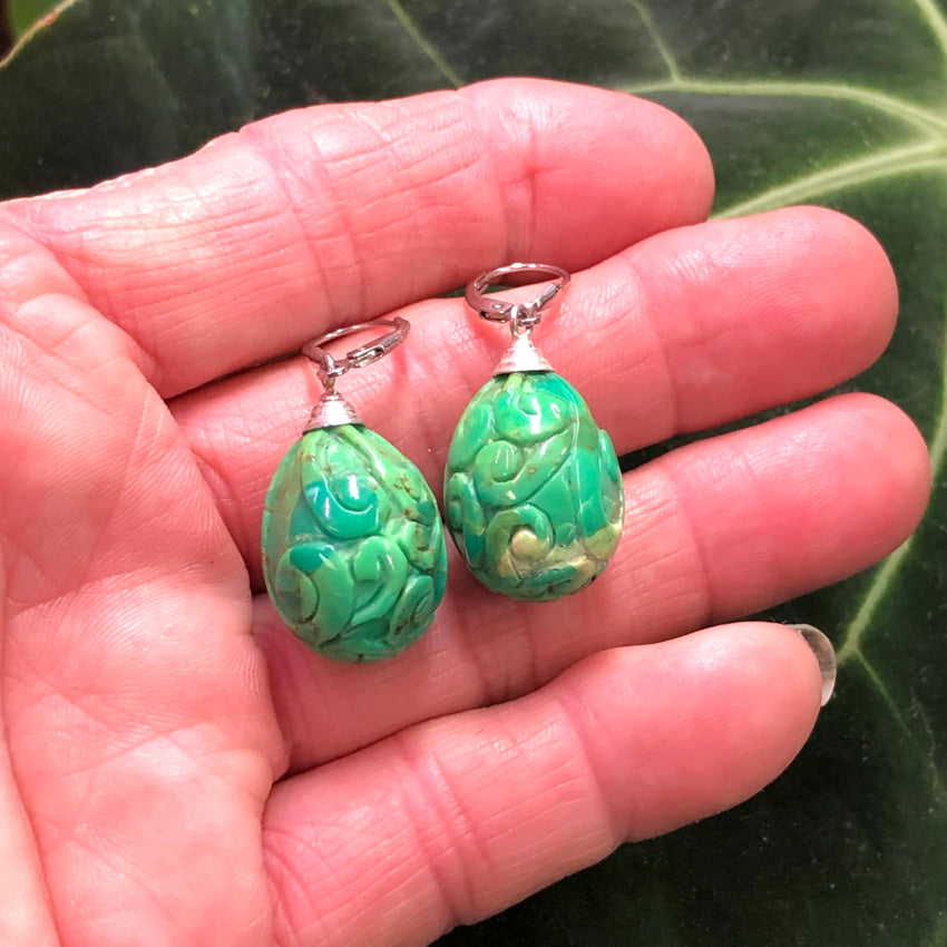 Carved Green Turquoise & Sterling Silver Pierced Earrings Earrings