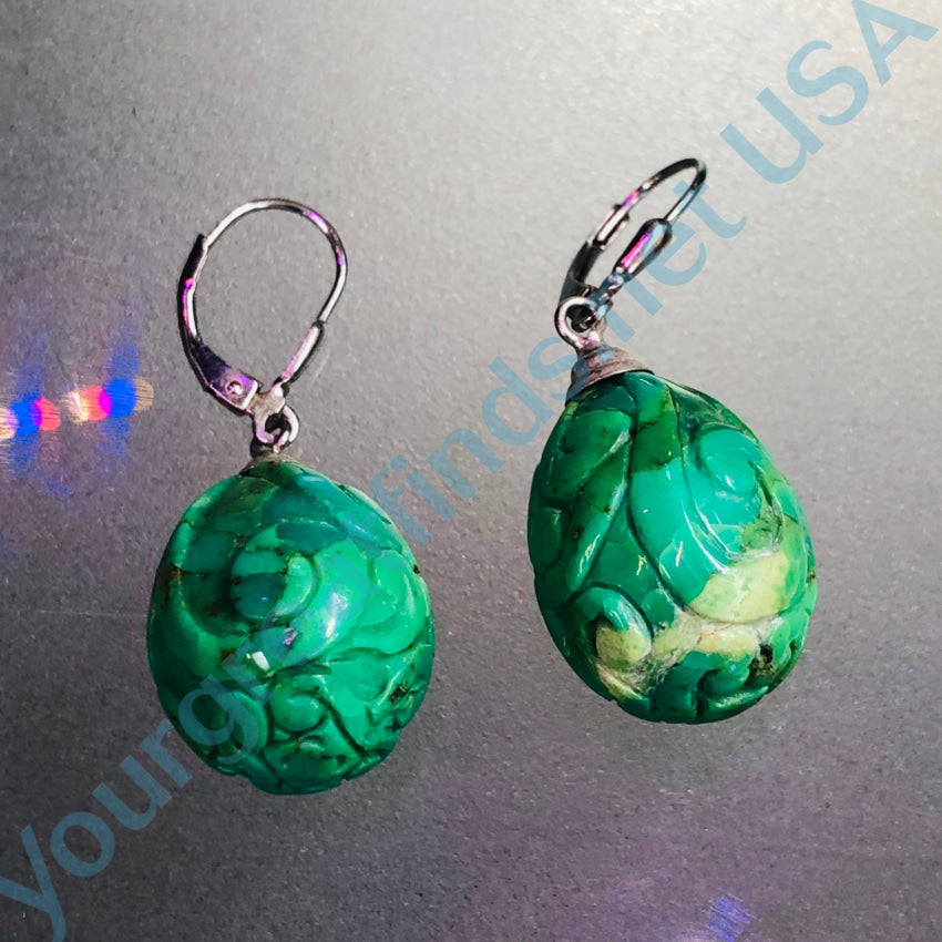 Carved Green Turquoise & Sterling Silver Pierced Earrings Earrings