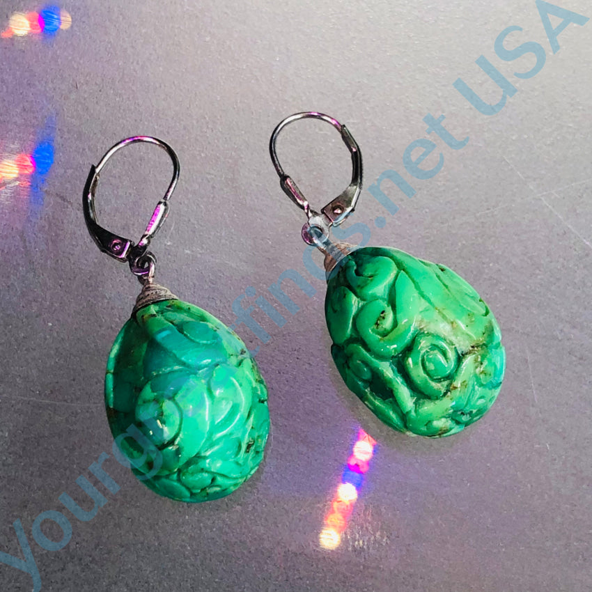 Carved Green Turquoise & Sterling Silver Pierced Earrings Earrings