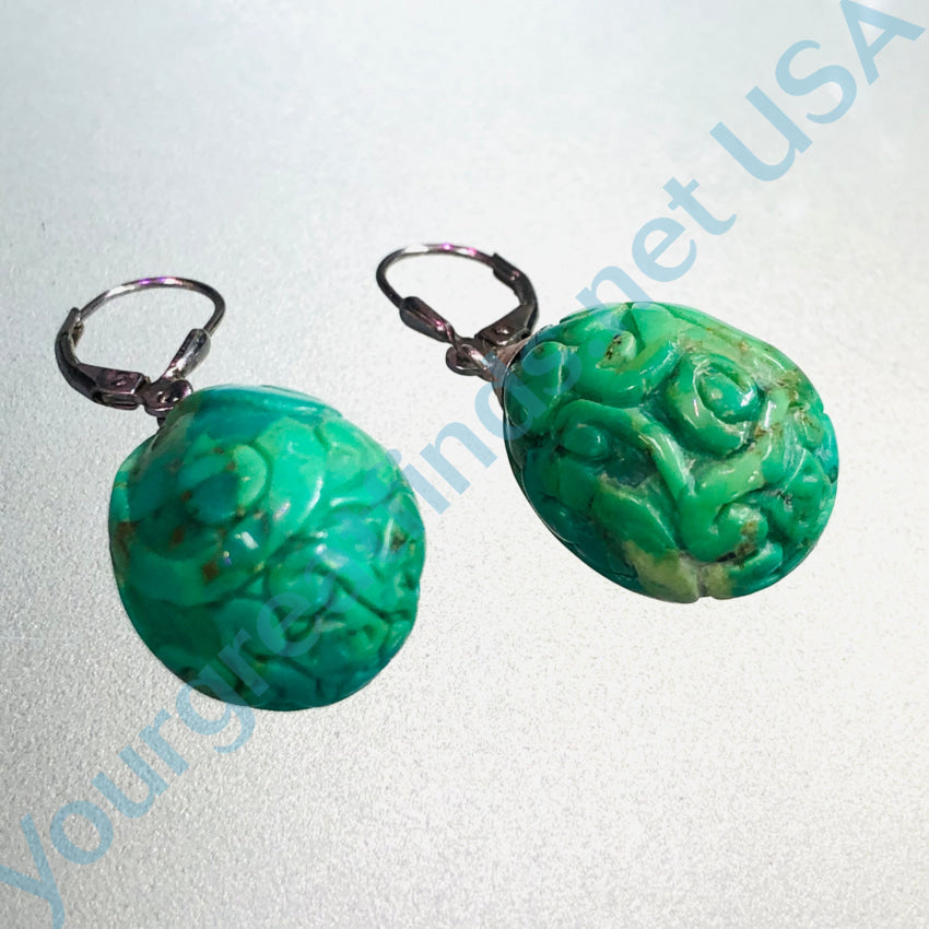 Carved Green Turquoise & Sterling Silver Pierced Earrings Earrings