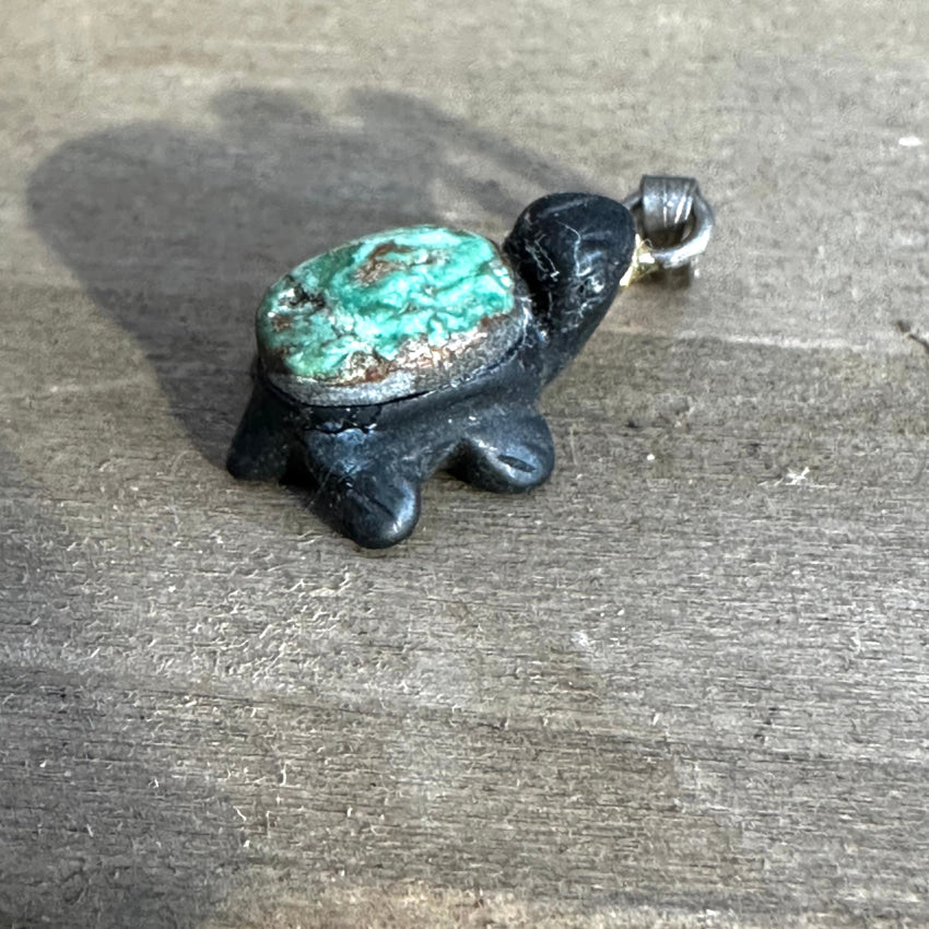 Carved Jet & Green Variscite Desert Tortoise Tiny Pendant
