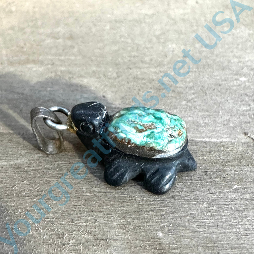 Carved Jet & Green Variscite Desert Tortoise Tiny Pendant