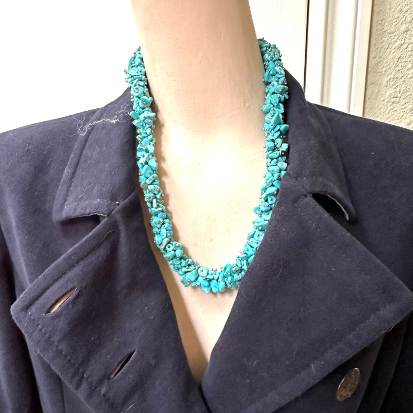 Chunky Turquoise Beaded Necklace Sterling Clasp Jewelry