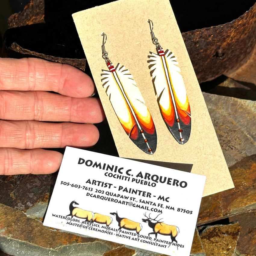 Cochiti Pueblo Hand Painted Rawhide Feather Earrings Dominic Arquero Earrings
