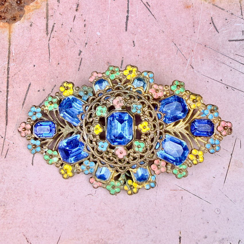 Costume Czechoslovakian Glass Rhinestone Brooch with Enamel brooch