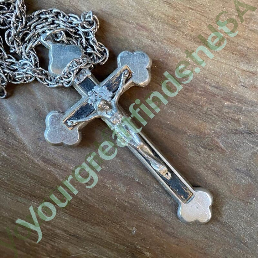 Dated 1975 Large Cross Necklace with Wood Inlay Crucifix Yourgreatfinds