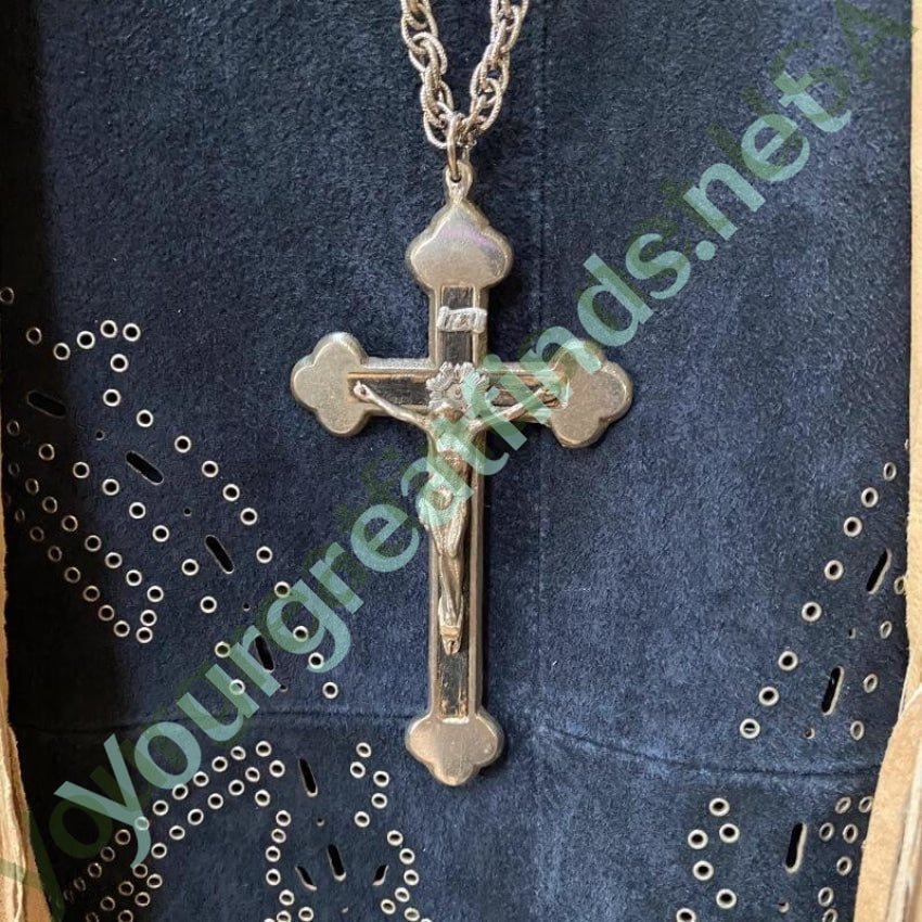 Dated 1975 Large Cross Necklace with Wood Inlay Crucifix Yourgreatfinds