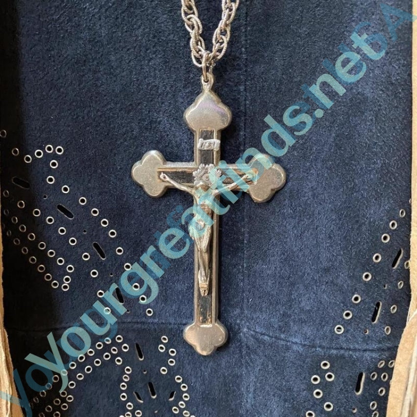 Dated 1975 Large Cross Necklace with Wood Inlay Crucifix Yourgreatfinds