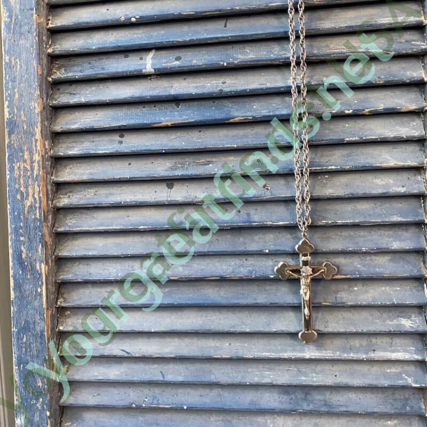 Dated 1975 Large Cross Necklace with Wood Inlay Crucifix Yourgreatfinds