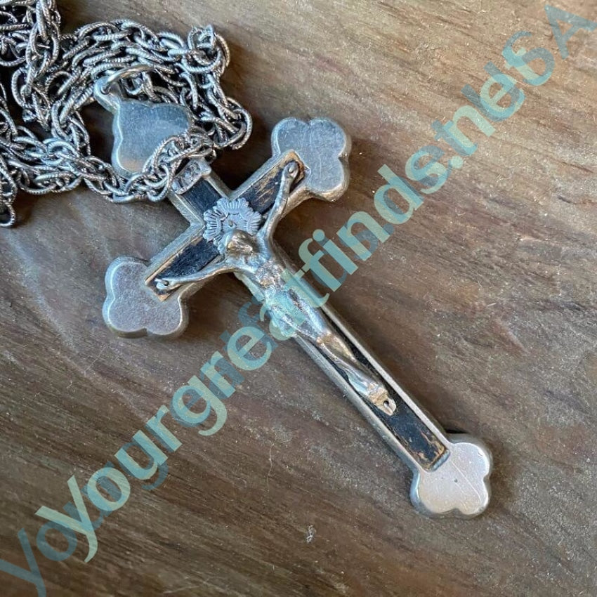 Dated 1975 Large Cross Necklace with Wood Inlay Crucifix Yourgreatfinds