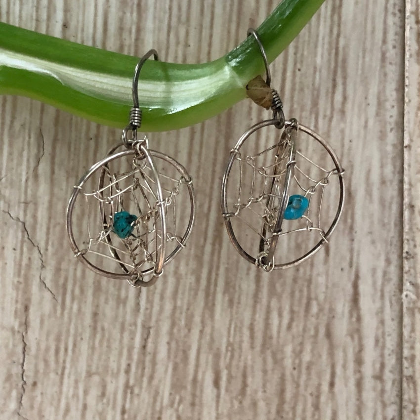Double Dreamcatcher Earrings with Turquoise Nugget Beads Pierced Sterling Yourgreatfinds