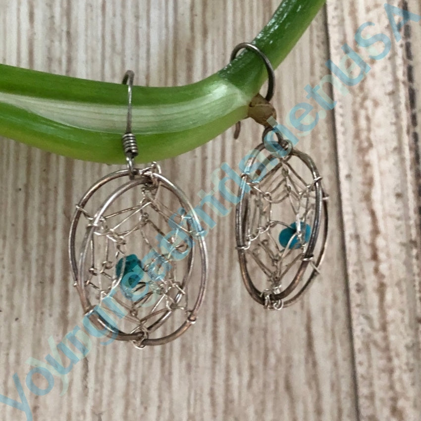 Double Dreamcatcher Earrings with Turquoise Nugget Beads Pierced Sterling Yourgreatfinds