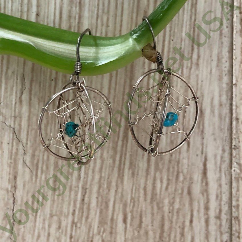 Double Dreamcatcher Earrings with Turquoise Nugget Beads Pierced Sterling Yourgreatfinds