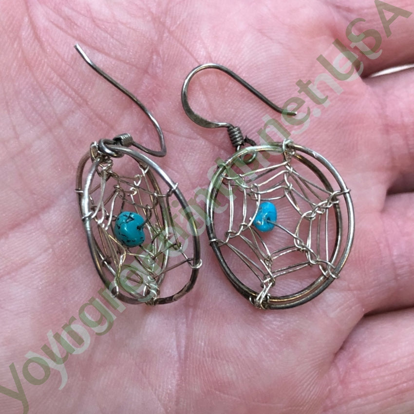 Double Dreamcatcher Earrings with Turquoise Nugget Beads Pierced Sterling Yourgreatfinds