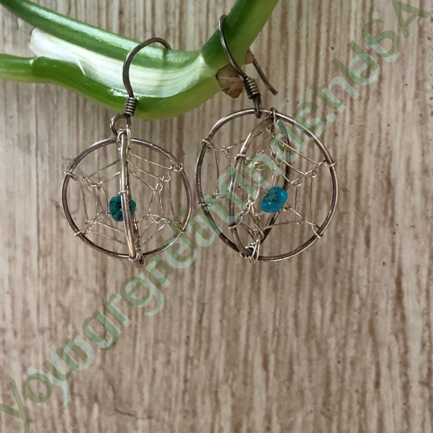 Double Dreamcatcher Earrings with Turquoise Nugget Beads Pierced Sterling Yourgreatfinds