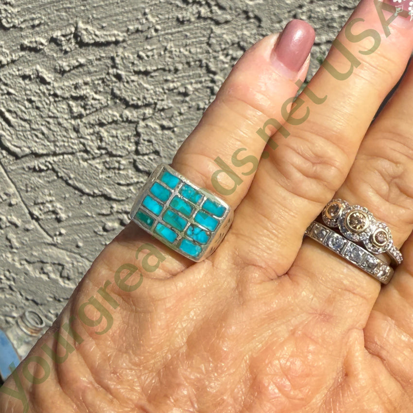 Early Ingot Silver & Inlay Turquoise Row Ring Size 5 3/4 ring