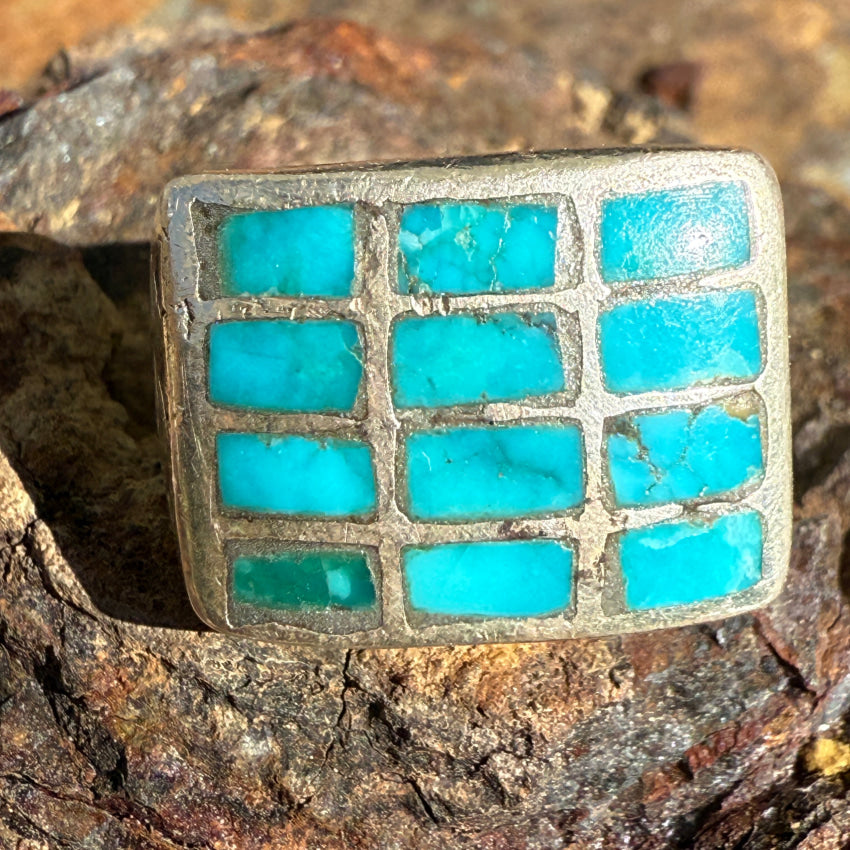 Early Ingot Silver & Inlay Turquoise Row Ring Size 5 3/4 ring