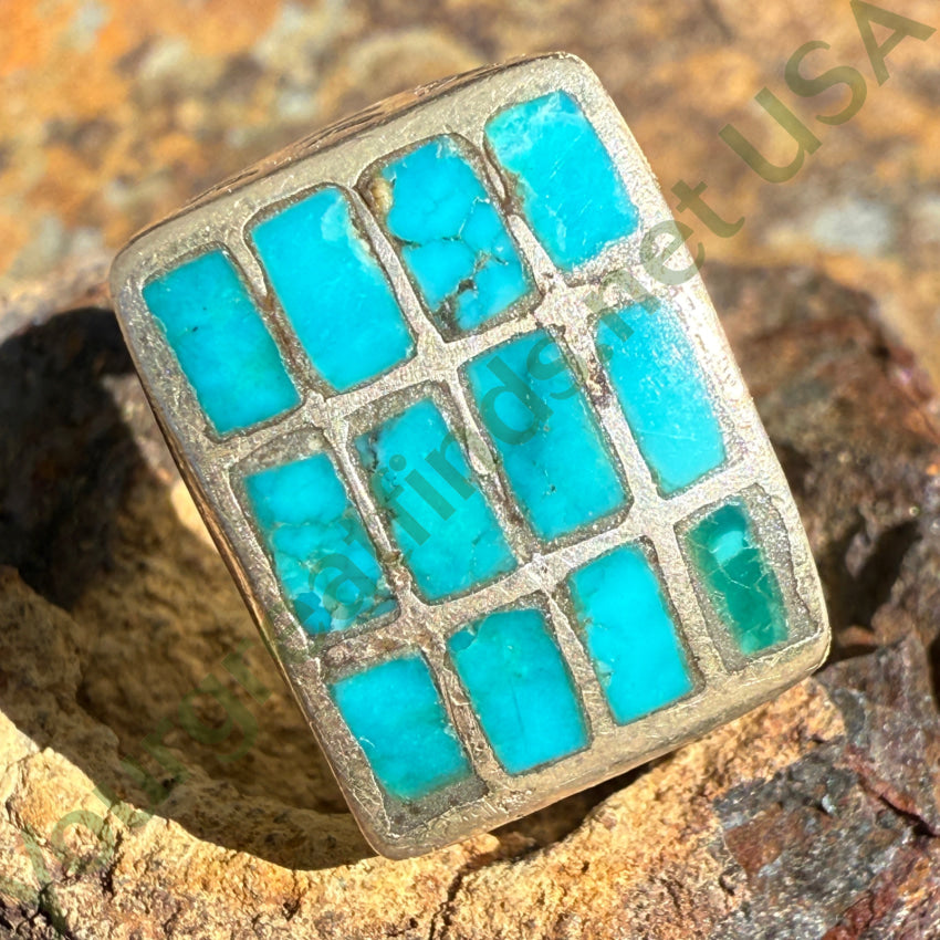 Early Ingot Silver & Inlay Turquoise Row Ring Size 5 3/4 ring