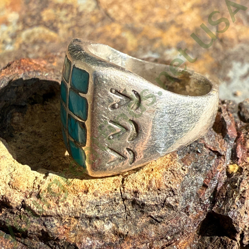 Early Ingot Silver & Inlay Turquoise Row Ring Size 5 3/4 ring