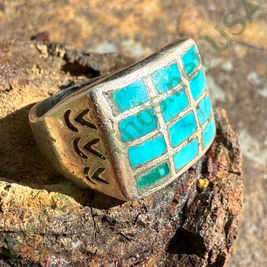Early Ingot Silver & Inlay Turquoise Row Ring Size 5 3/4 ring