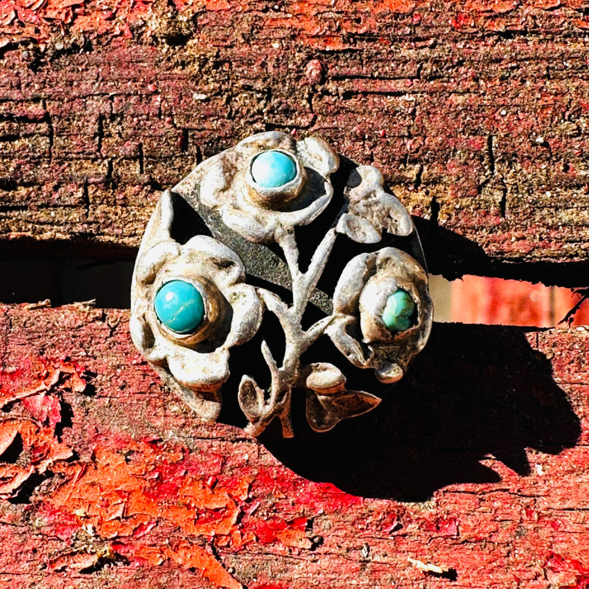 Early Mexican Sterling Silver & Turquoise Floral Dome Ring Size 6.5 Ring