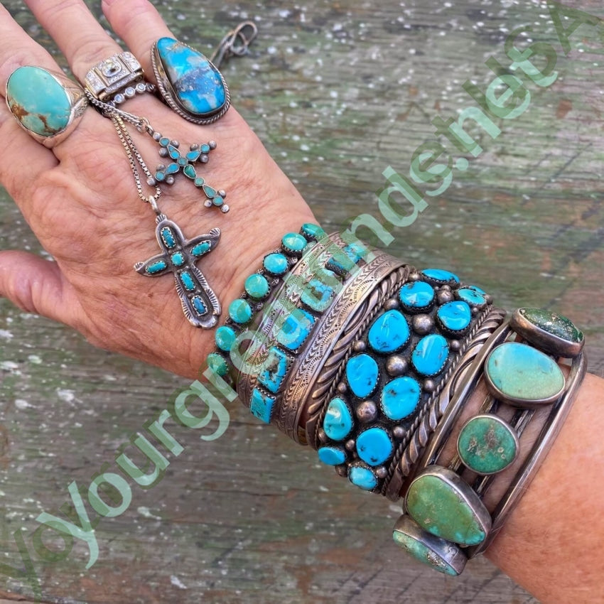 Early Navajo Cuff Bracelet with Bi-Colored Natural Turquoise Sterling Yourgreatfinds