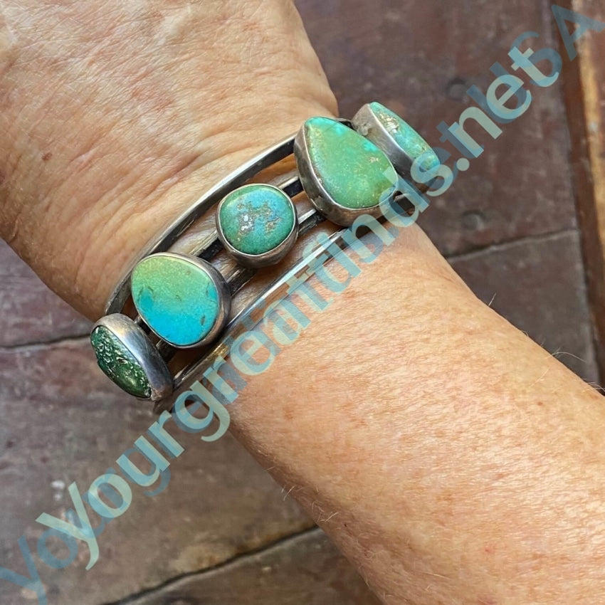 Early Navajo Cuff Bracelet with Bi-Colored Natural Turquoise Sterling Yourgreatfinds