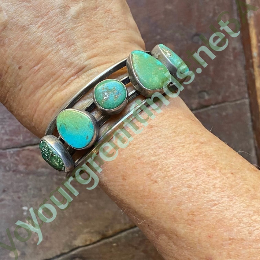 Early Navajo Cuff Bracelet with Bi-Colored Natural Turquoise Sterling Yourgreatfinds