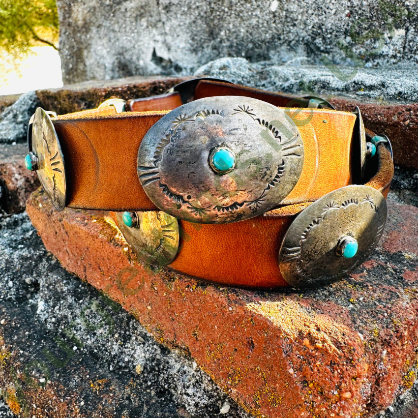 Early Navajo Leather Silver Turquoise Concho Belt Eva Toney Toledo Belt