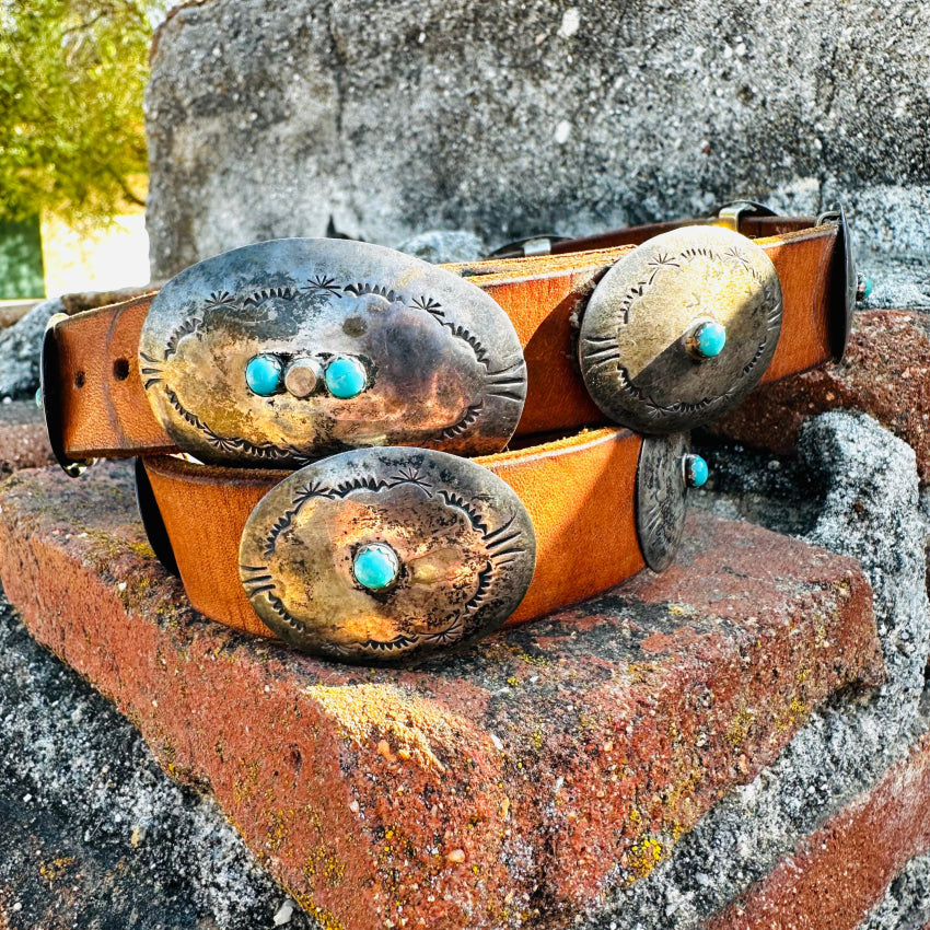 Early Navajo Leather Silver Turquoise Concho Belt Eva Toney Toledo Belt