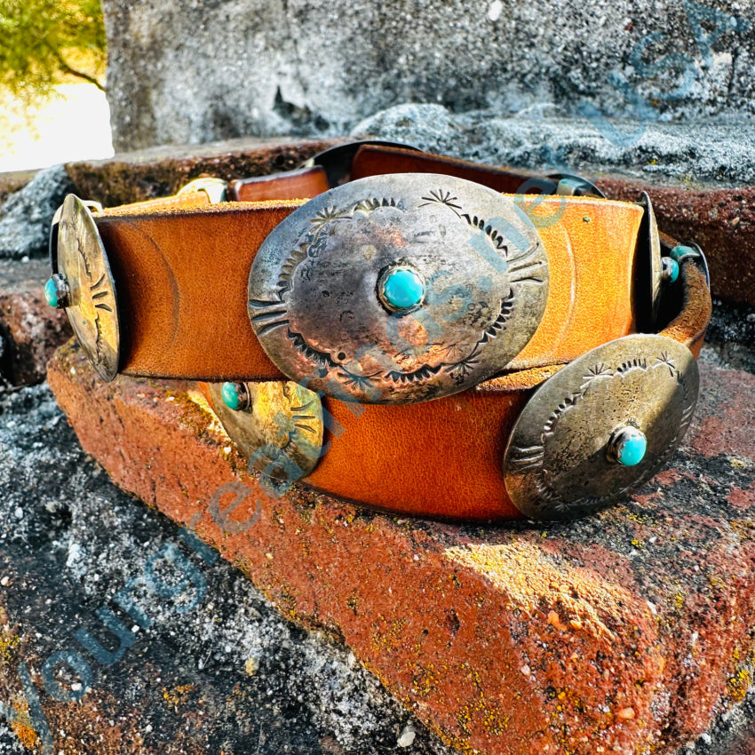 Early Navajo Leather Silver Turquoise Concho Belt Eva Toney Toledo Belt