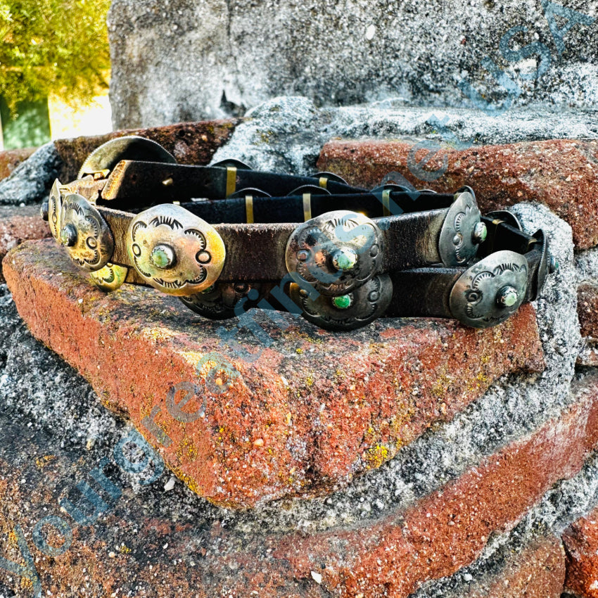 Early Navajo Leather Silver Turquoise Concho Belt Hammered Coins Belt