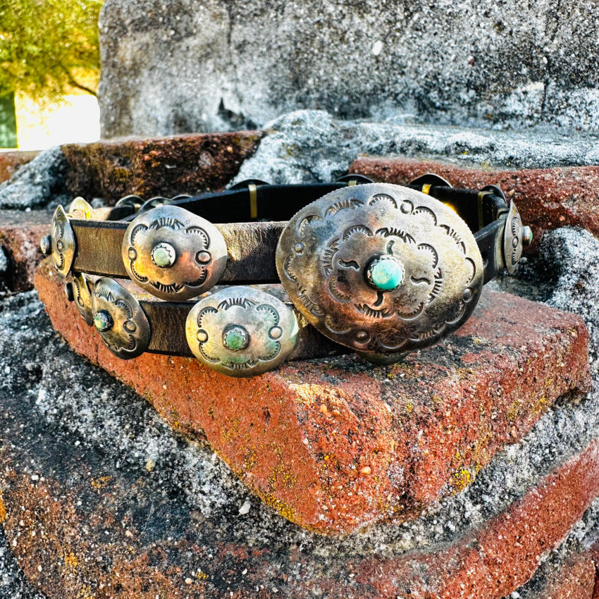 Early Navajo Leather Silver Turquoise Concho Belt Hammered Coins Belt