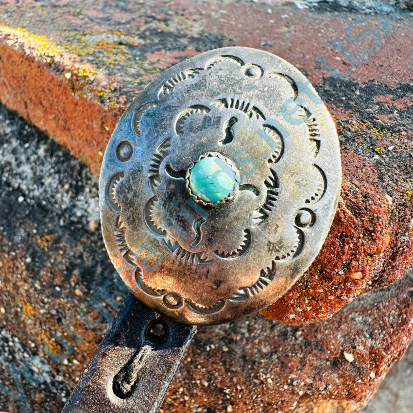 Early Navajo Leather Silver Turquoise Concho Belt Hammered Coins Belt