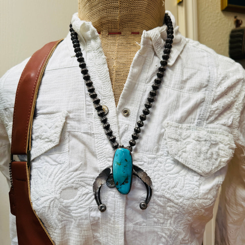 Early Navajo Naja Necklace Sterling Silver Turquoise Fluted Beads necklace