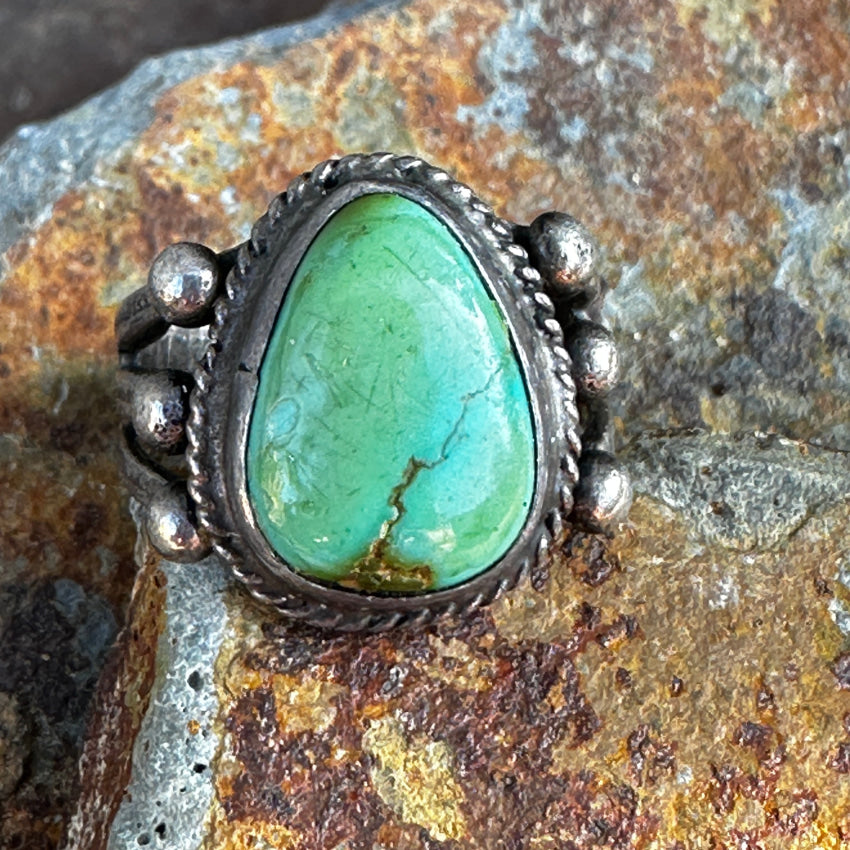 Early Navajo Raindrop Ring Sterling Silver Green Turquoise Size 4 3/4 Ring