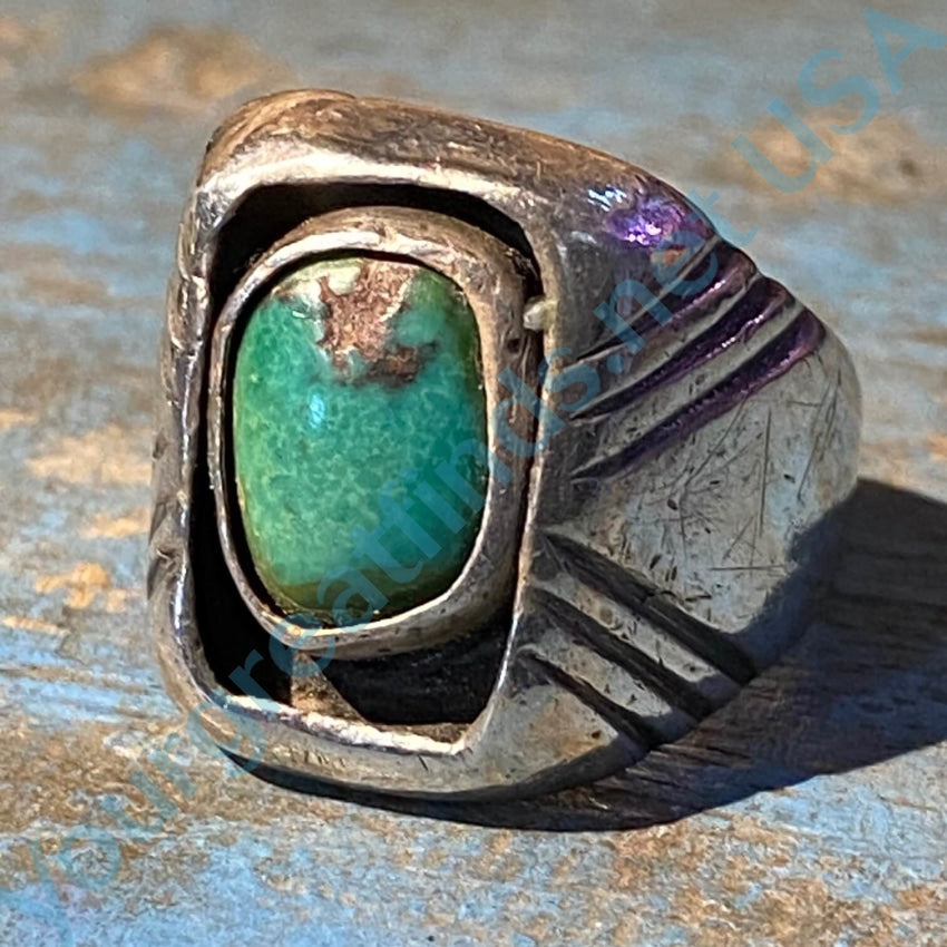 Early Navajo Sand Cast Turquoise Ring .999 Silver Size 9