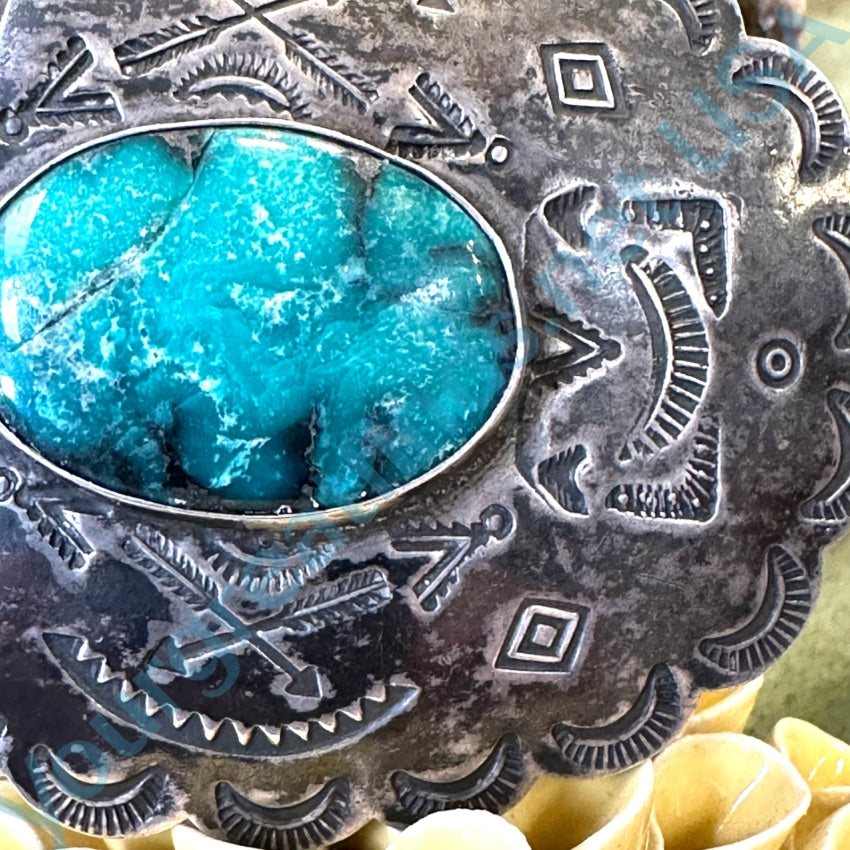 Early Navajo Stamped Sterling Silver Turquoise Concho Pin