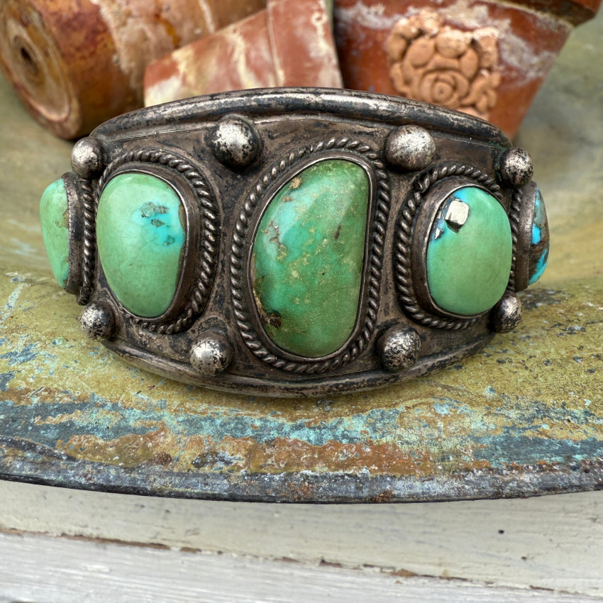 Early Navajo Sterling Silver & Green Turquoise Cuff Row Bracelet bracelet