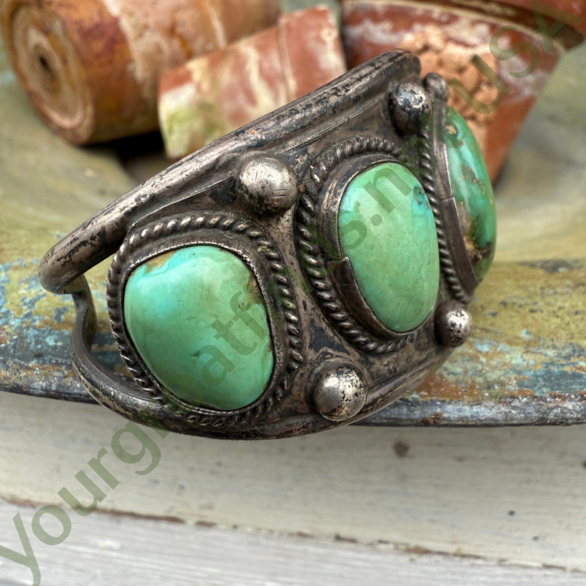 Early Navajo Sterling Silver & Green Turquoise Cuff Row Bracelet bracelet