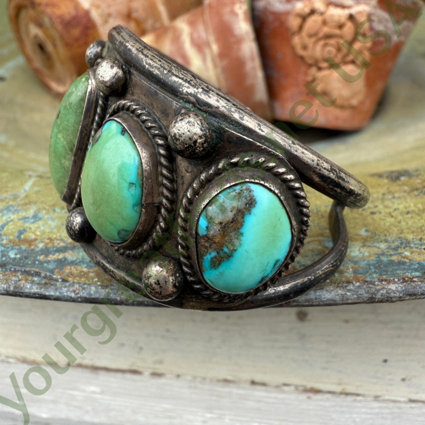 Early Navajo Sterling Silver & Green Turquoise Cuff Row Bracelet bracelet