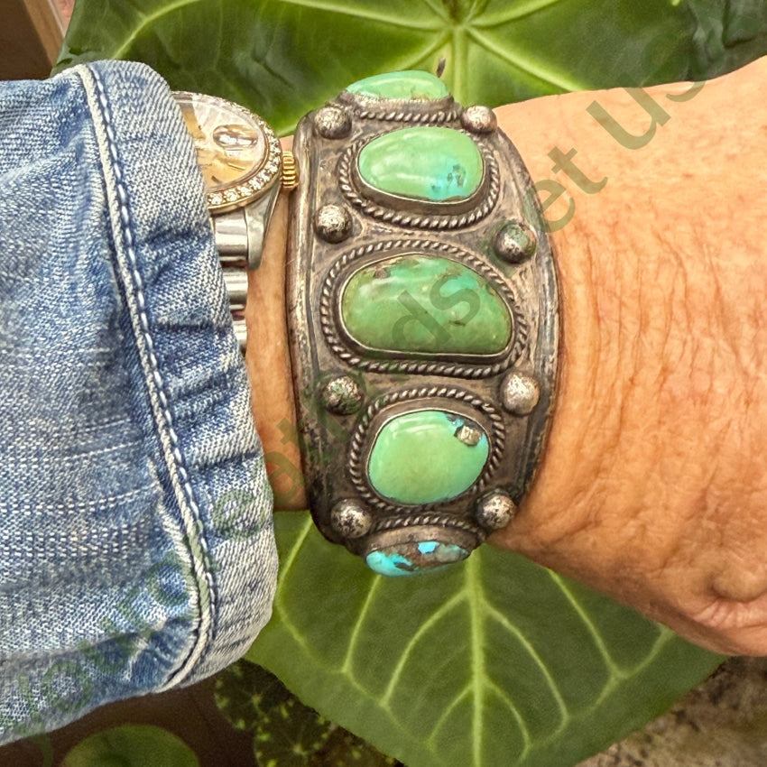 Early Navajo Sterling Silver & Green Turquoise Cuff Row Bracelet bracelet