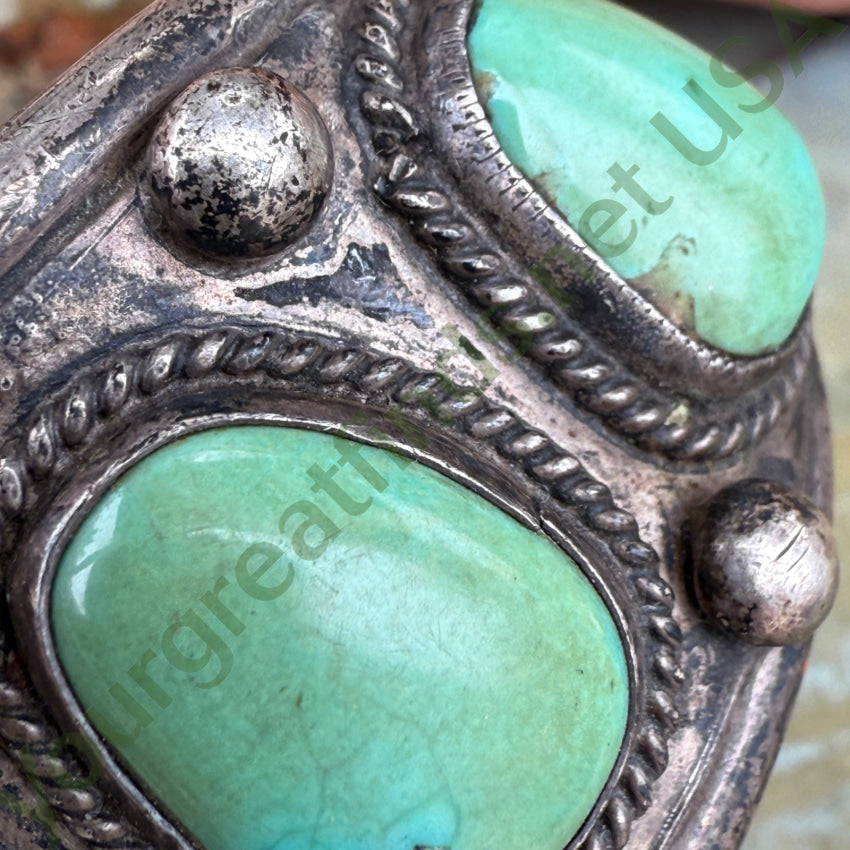 Early Navajo Sterling Silver & Green Turquoise Cuff Row Bracelet bracelet