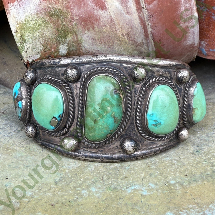 Early Navajo Sterling Silver & Green Turquoise Cuff Row Bracelet bracelet