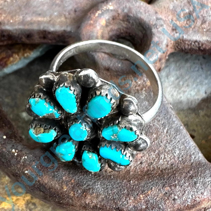 Early Navajo Sterling Silver & Turquoise Cluster Rosette Ring Size 6 Ring