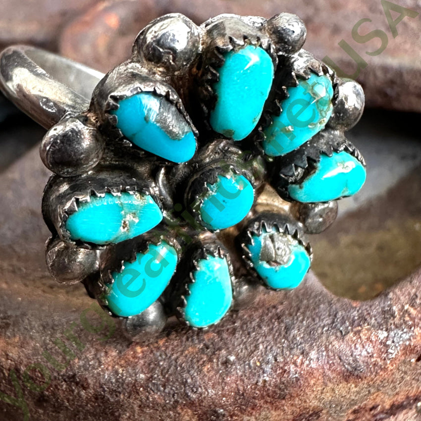 Early Navajo Sterling Silver & Turquoise Cluster Rosette Ring Size 6 Ring